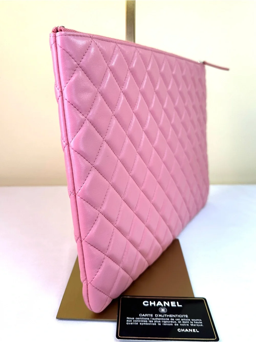 CHANEL Pink Quilted Lambskin Zip Pouch O-Case Fits Laptop, Box, card, #18 COA
